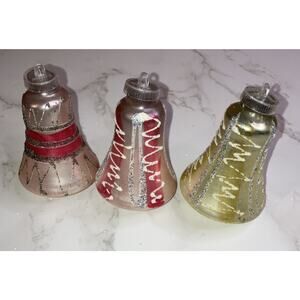 Vintage Lot Of 3 Bells Glass Ornament West Germany Plastic Cap Mica Pink